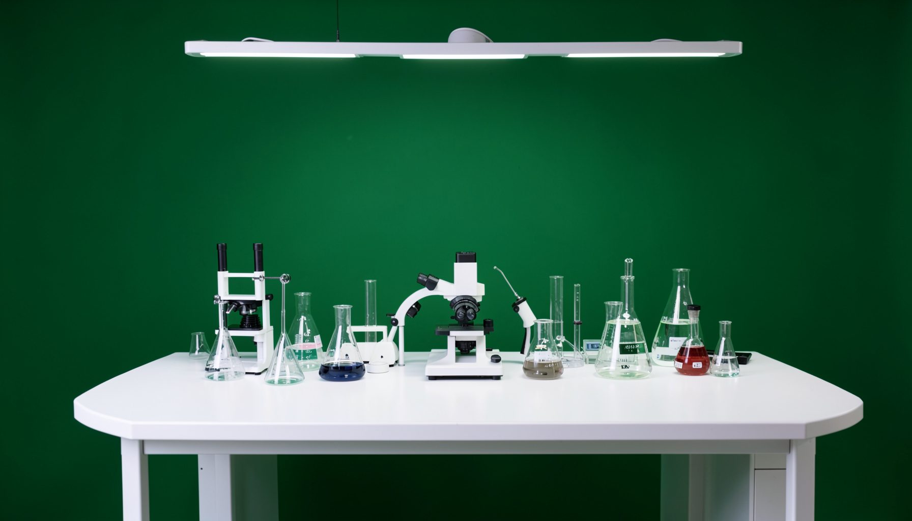 A pristine white laboratory bench with precision instruments and glass containers, cool neutral tones with soft overhead light