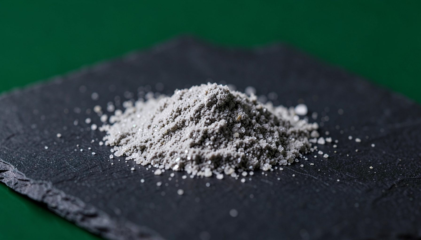 Fine crystalline powder on a dark slate surface, subtle gray and charcoal palette